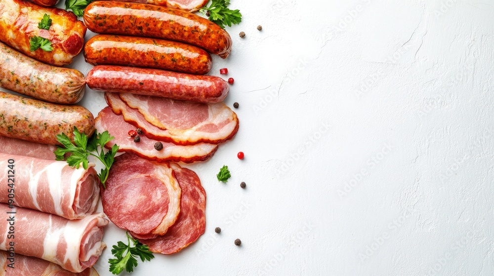 A visually appealing spread of sausage, ham, and bacon with parsley decorations on an abstract white background. Ample space for advertising, showcasing their worldwide appeal. A visually appealing spread of sausage, ham, and bacon with parsley decorations on an abstract white background. Ample space for advertising, showcasing their worldwide appeal.