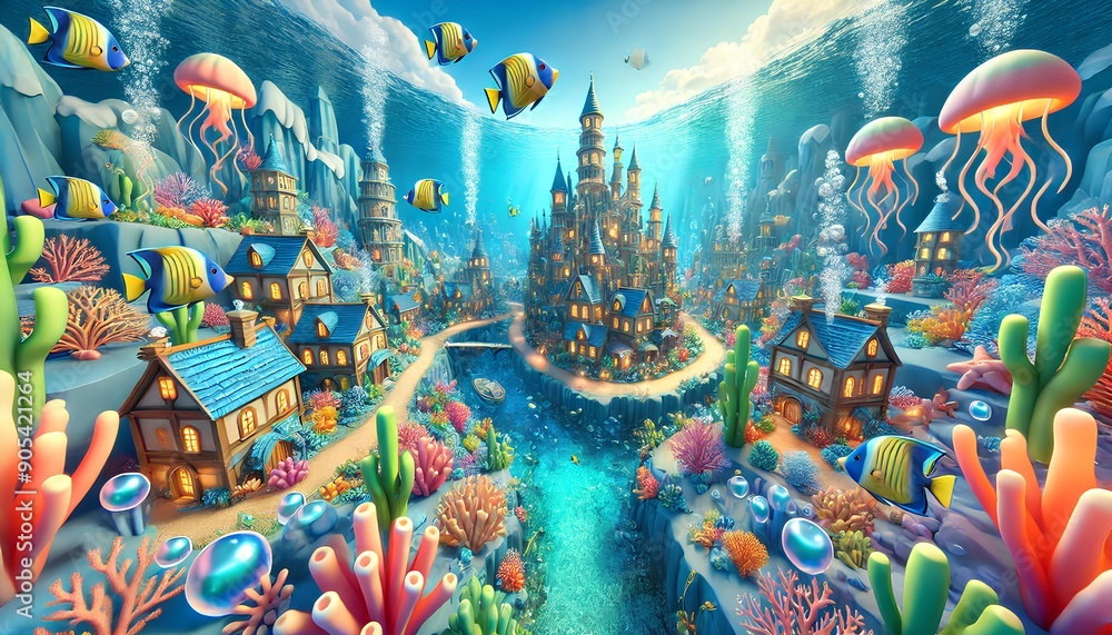 Fototapeta premium A 3D cartoon of an underwater city with coral buildings and fish swimming around, creating a magical aquatic atmosphere.