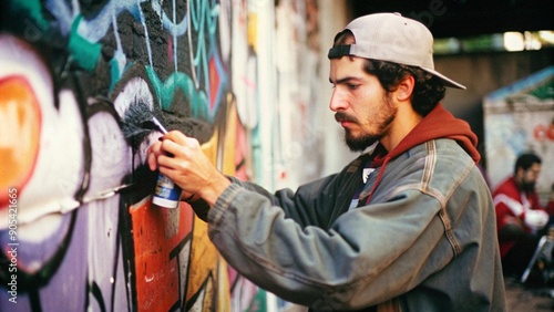 Urban Grafitti Artist Working on Street Art Mural