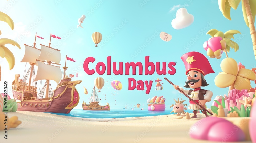 Columbus Day Cartoon Scene with Ships and Explorer Character Columbus Day Cartoon Scene with Ships and Explorer Character