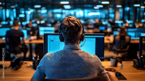 Back View of Customer Service Representative at Busy Call Center Office photo