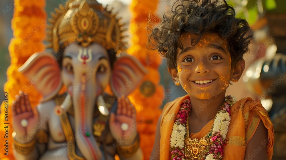 A boy in a festive orange outfit is standing beside a beautifully adorned Ganesha statue, looking excited and content. A boy in a festive orange outfit is standing beside a beautifully adorned Ganesha statue, looking excited and content.