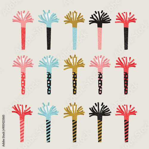 Collection of Birthday Party Whistles with Paper Fringe. Vector illustration in flat style with a glitter texture