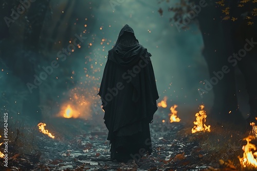 Medieval monk in long robe and hood on head goes along a stone path in dark autumn forest with smoke and fog on background, fire burns. A tramp in torn clothes, sad man 