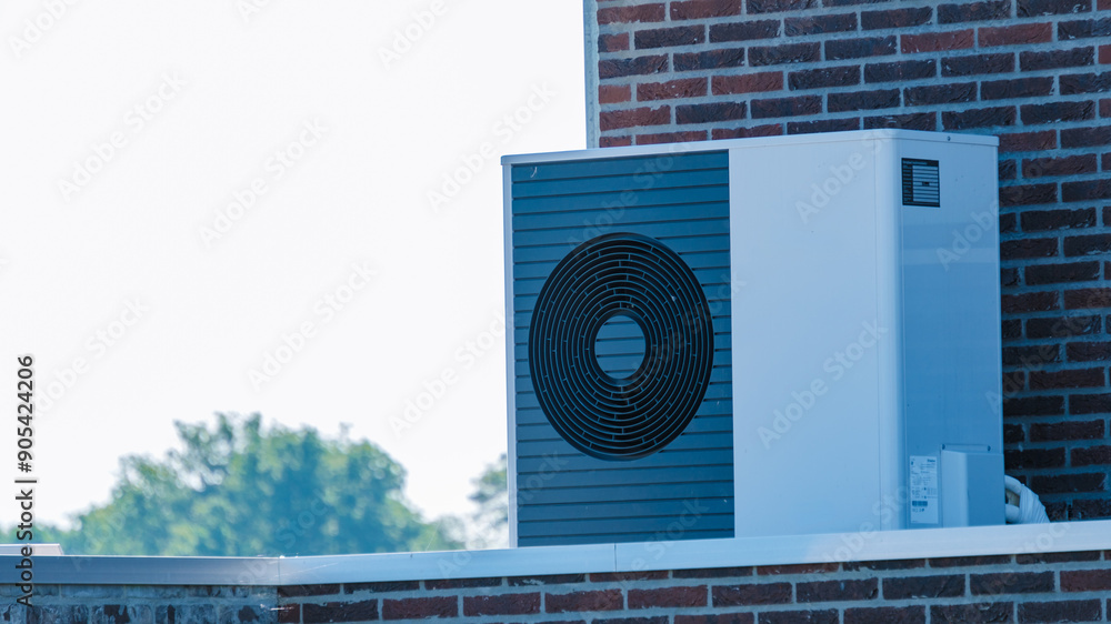 Fotografie Air Source Heat Pump Installed on Rooftop Under Clear Blue Sky