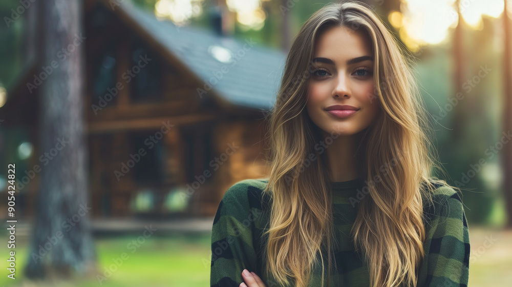 portrait of a 20s old girl standing outside of a wooden country housein the forest; blond woman enjoying nature portrait of a 20s old girl standing outside of a wooden country housein the forest; blond woman enjoying nature