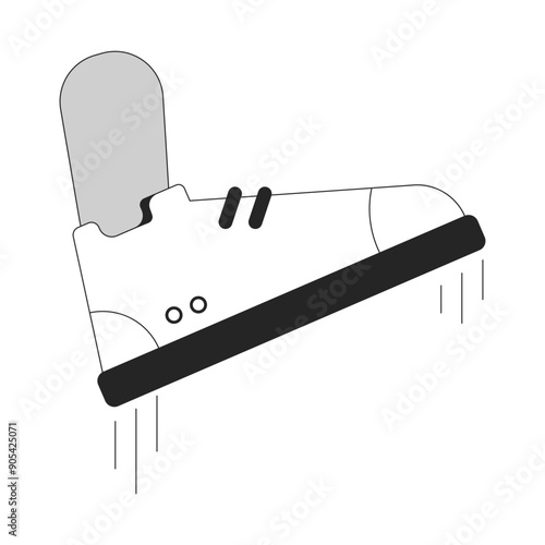 Shoe crushing in mid-air human foot outline illustration. Trample sneaker 2D isolated black and white vector image. Big step. Authority tyranny. Stomping footwear flat monochromatic drawing clip art