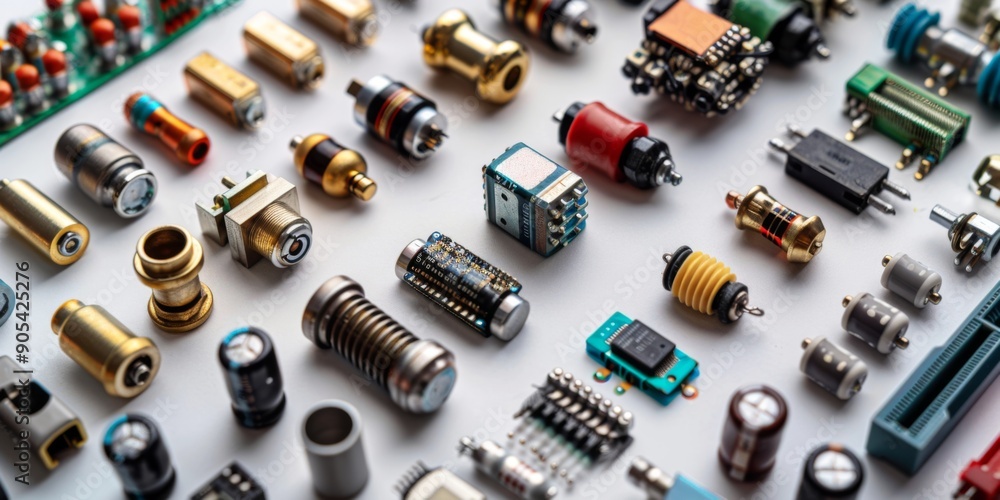 Diverse Electronic Components Assembled: A Close-up View of Microprocessors, Logic Digital Microchips, Transistors, Capacitors, Resistors, and LEDs Isolated on White. Diverse Electronic Components Assembled: A Close-up View of Microprocessors, Logic Digital Microchips, Transistors, Capacitors, Resistors, and LEDs Isolated on White.