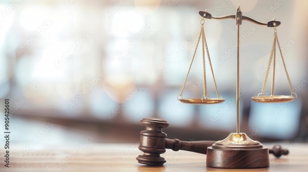 Gavel and scales on a lawyers desk, legal hammer, balance and justice Gavel and scales on a lawyers desk, legal hammer, balance and justice
