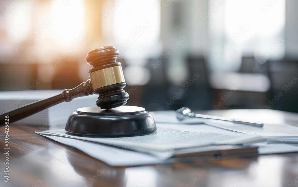 Gavel on a desk with legal documents, legal hammer, law office setting Gavel on a desk with legal documents, legal hammer, law office setting
