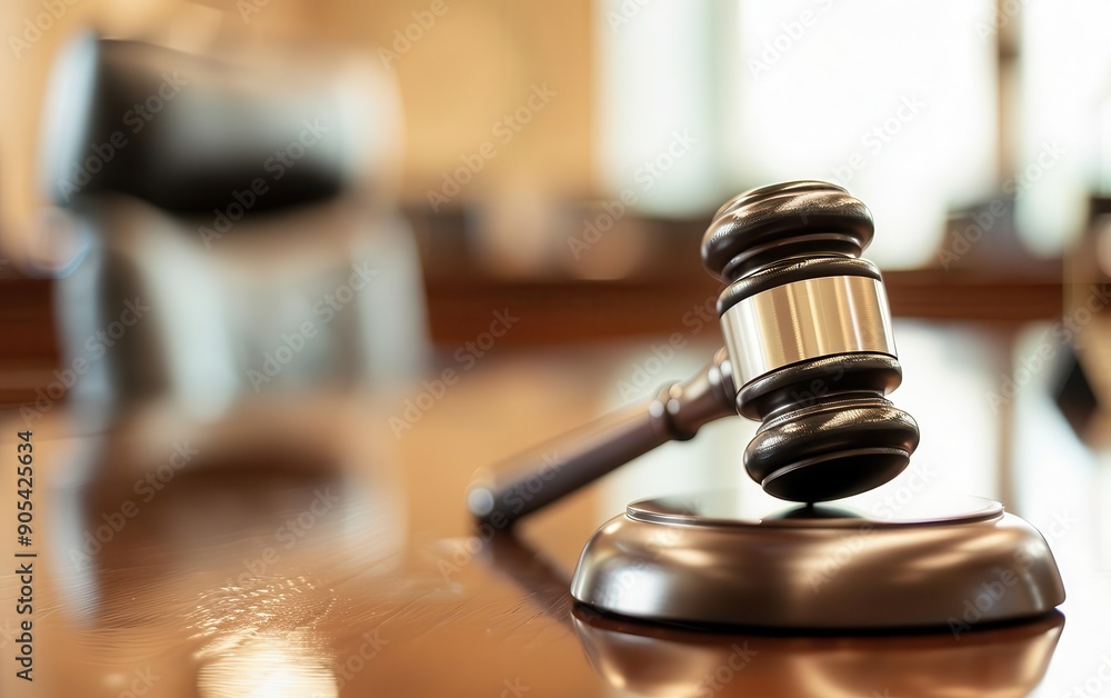 Gavel on a judges desk with a nameplate, legal hammer, authority of law Gavel on a judges desk with a nameplate, legal hammer, authority of law