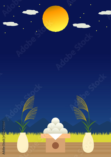 お月見をイメージした満月と月見団子と花瓶にさしたススキの背景_縦_2
