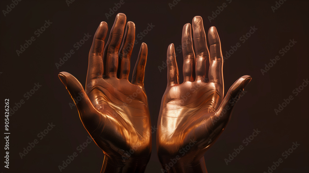 Two hands made of gold are shown in a close up. The hands are clasped together, and the image has a sense of warmth and connection Two hands made of gold are shown in a close up. The hands are clasped together, and the image has a sense of warmth and connection