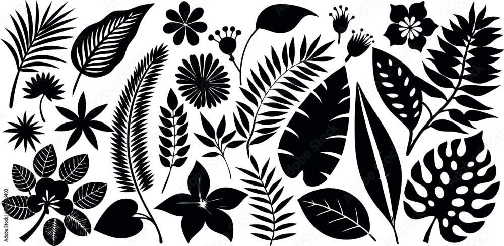 A collection of black and white leafy plants and flowers. The image is a collection of various plants and flowers, including palm leaves, ferns, and flowers A collection of black and white leafy plants and flowers. The image is a collection of various plants and flowers, including palm leaves, ferns, and flowers