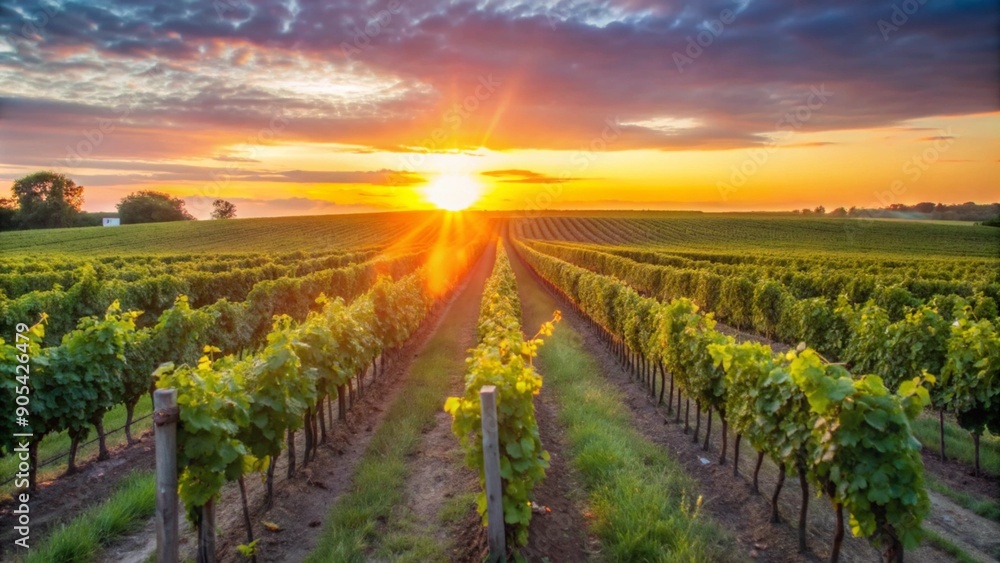 Fototapeta premium Vibrant Sunrise over Vineyard Rows