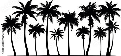 A row of palm trees are depicted in black and white. The trees are tall and slender, with their trunks reaching up towards the sky. Concept of tropical paradise, with the palm trees providing a lush