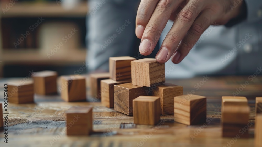 Businessman arranging wooden letter writing cube for work planning business idea Businessman arranging wooden letter writing cube for work planning business idea