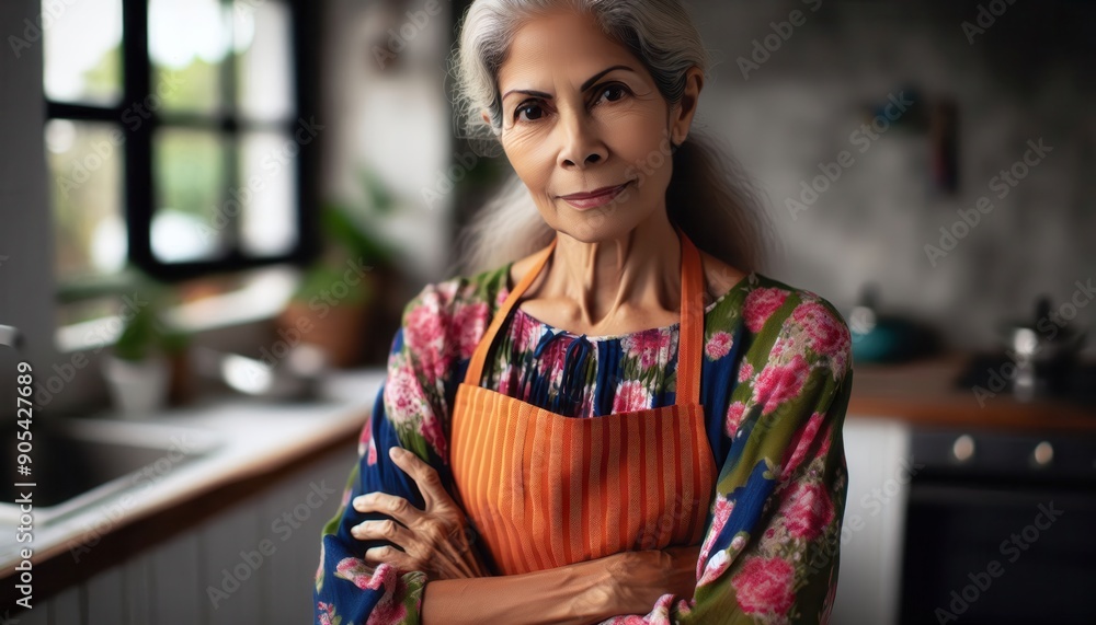 Confident senior woman in an apron standing in her kitchen..Concept: Home cooking, healthy lifestyle, independence, senior living. Confident senior woman in an apron standing in her kitchen..Concept: Home cooking, healthy lifestyle, independence, senior living.