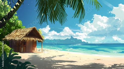 Beach with a bamboo hut and palm leaves near the shore. generative ai