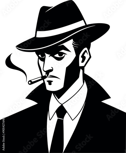 A man in a hat and a tie smoking a cigarette. The man is looking at the camera with a serious expression