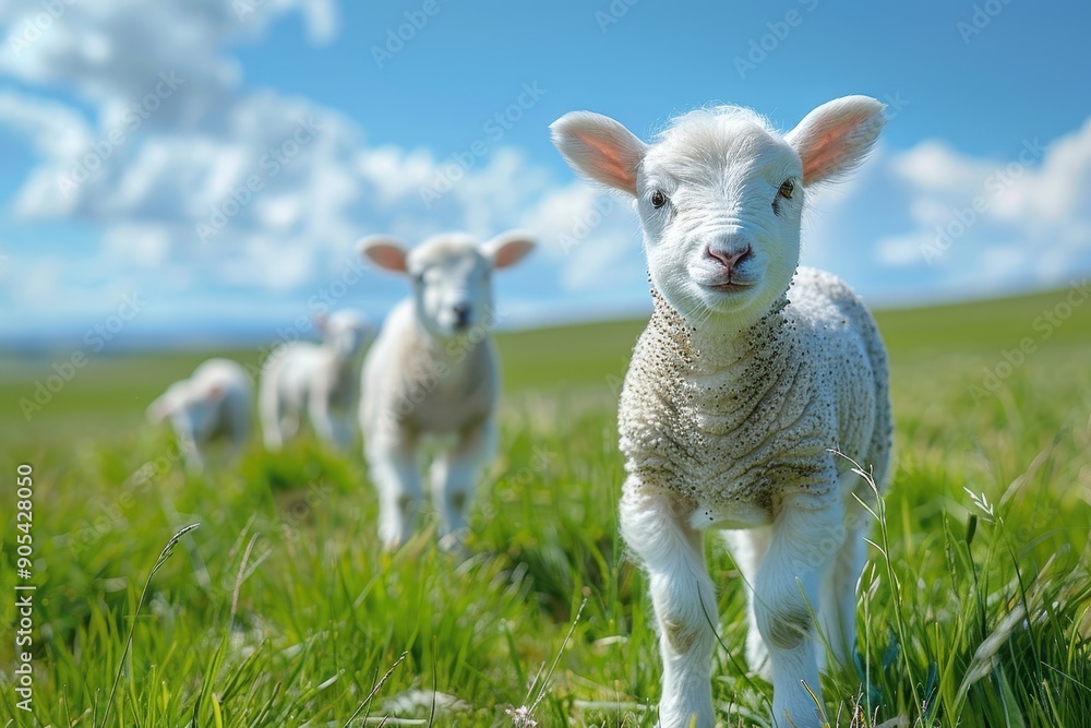 Lambs Grazing on a Green Meadow in Springtime with Blue Sky Background, Wide Angle Low Perspective, Photorealistic Capture
Lambs Grazing on a Green Meadow in Springtime with Blue Sky Background, Wide Angle Low Perspective, Photorealistic Capture