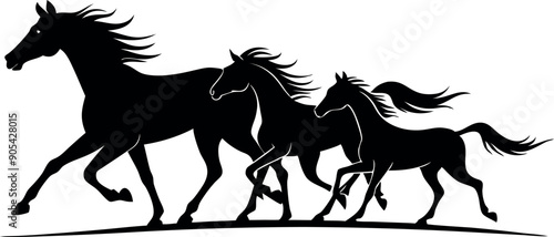 Three horses running in a line. The horses are black and white