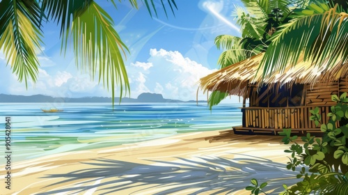 Beach with a bamboo hut and palm leaves near the shore. generative ai
