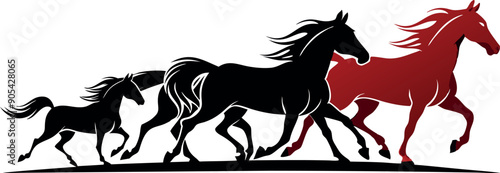 Three horses running in a line with one horse in the middle