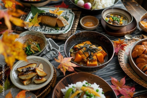 A festive Japanese autumn spread with dishes kabocha no nimono simmered pumpkin and matsutake gohan photo