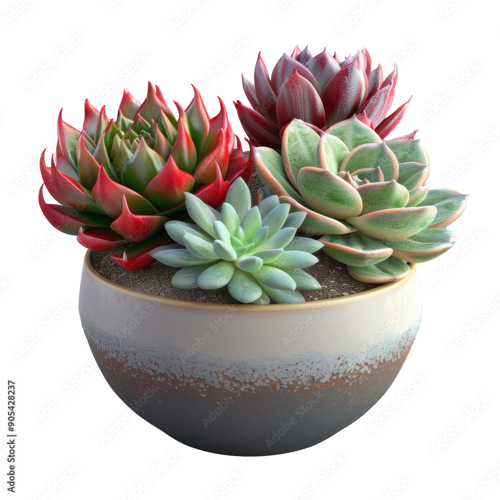 Red and green Echeveria and Zebra plant succulents arranged in clay pot on transparent background Red and green Echeveria and Zebra plant succulents arranged in clay pot on transparent background