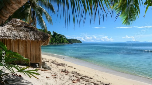 Beach with a bamboo hut and palm leaves near the shore. generative ai