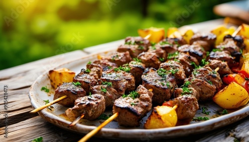 Brochetas de carne asada con papas y pimientos, servidas en un plato al aire libre.