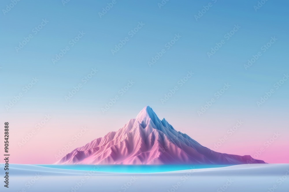 Fototapeta premium A serene, stylized mountain rises above a calm sea, bathed in soft pink and blue hues, creating a dreamy landscape with a tranquil atmosphere