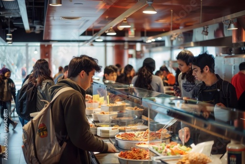 A bustling university cafeteria with students from diverse backgrounds enjoying meals, studying, and socializing, with a variety of food option photo