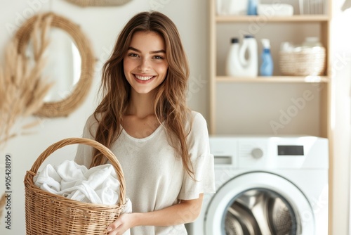 A smiling woman holds a basket of clean towels in a bright, modern laundry room, featuring a washing machine and neatly arranged shelves.