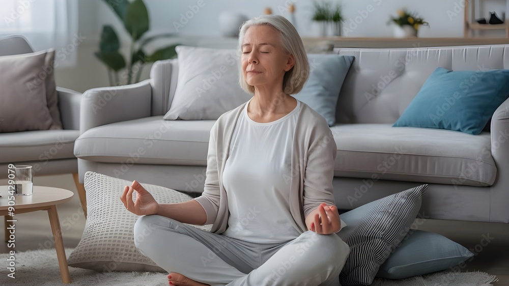 Serene High-Quality Photograph of a Middle-Aged Person Meditating at Home in a Calm and Relaxed Environment Serene High-Quality Photograph of a Middle-Aged Person Meditating at Home in a Calm and Relaxed Environment