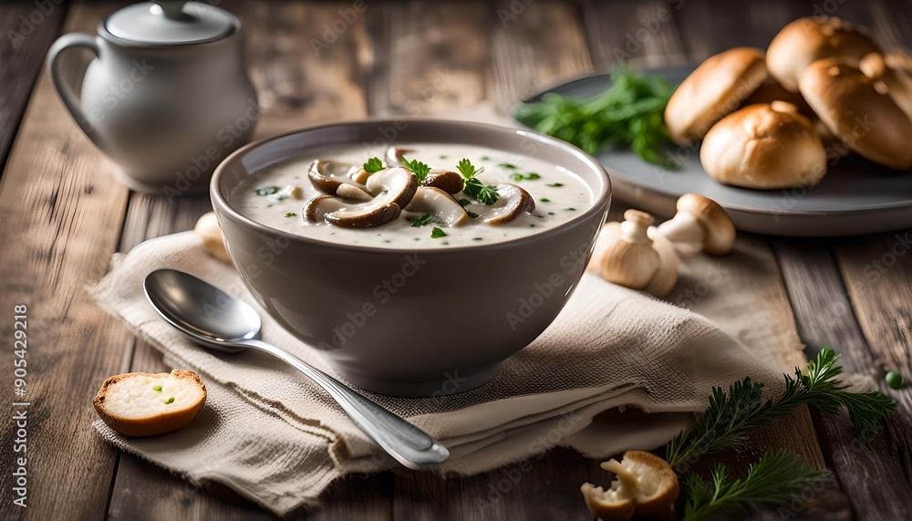 Homemade Cream of Mushroom Soup in a Bowl, side view.
Homemade Cream of Mushroom Soup in a Bowl, side view.
