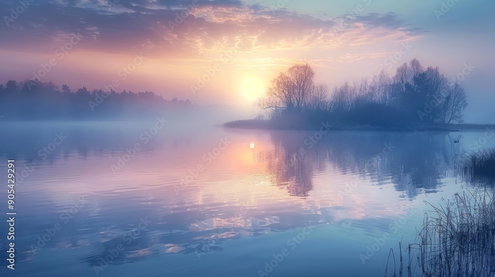 Fototapeta premium Misty Morning Sunrise Over a Tranquil Lake