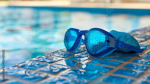 Swimming. Pool. Swimming goggles with blue glass are lying on the edge of the pool. Professional sport photo