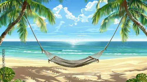 Beach with a hammock hanging between two palm trees. generative ai