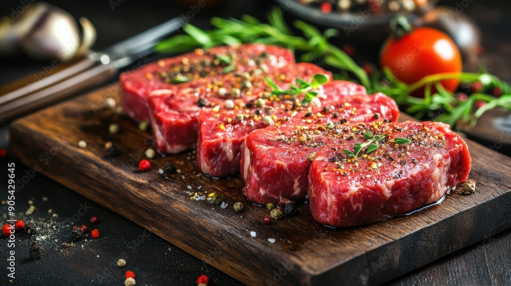 Fresh cuts of beef steaks seasoned with herbs and spices on a wooden board, ready for cooking, with vegetables in the background Fresh cuts of beef steaks seasoned with herbs and spices on a wooden board, ready for cooking, with vegetables in the background