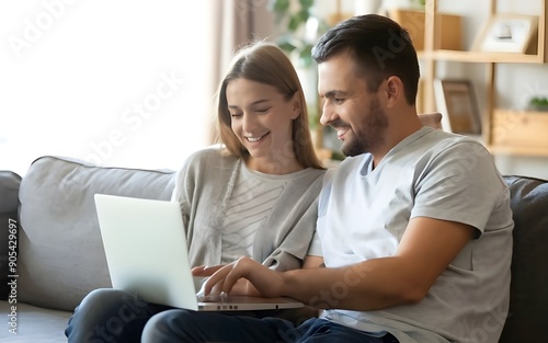 Pleasant Family Couple Sitting and Looking at Laptop Screen in a Comfortable Home Setting