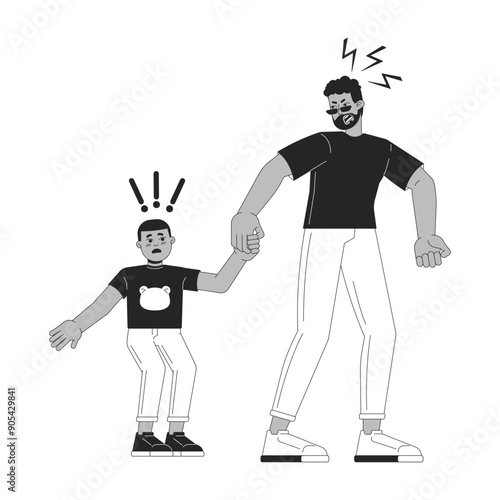 Yelling father with stressed kid black and white 2D line cartoon characters. African american man holding child hand isolated vector outline people. Aggressive parent monochromatic spot illustration