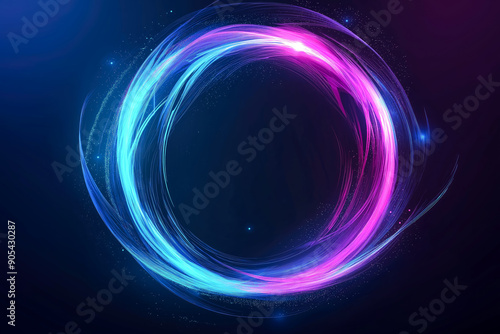 Abstract background with neon blue and purple glowing ring frame on black backdrop.