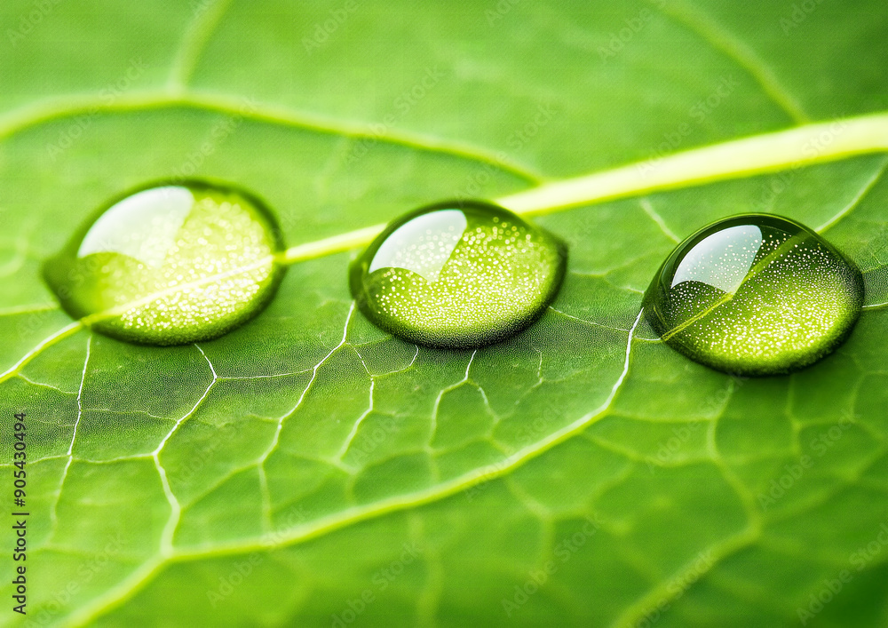 Fototapeta premium Macro image of three water drops on green leaf.