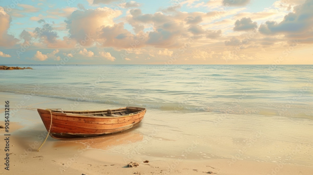Beach with a small wooden boat anchored on the shore. generative ai Beach with a small wooden boat anchored on the shore. generative ai