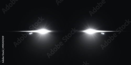 Cars light effect. White glow car headlight bright beams ray isolated on transparent background