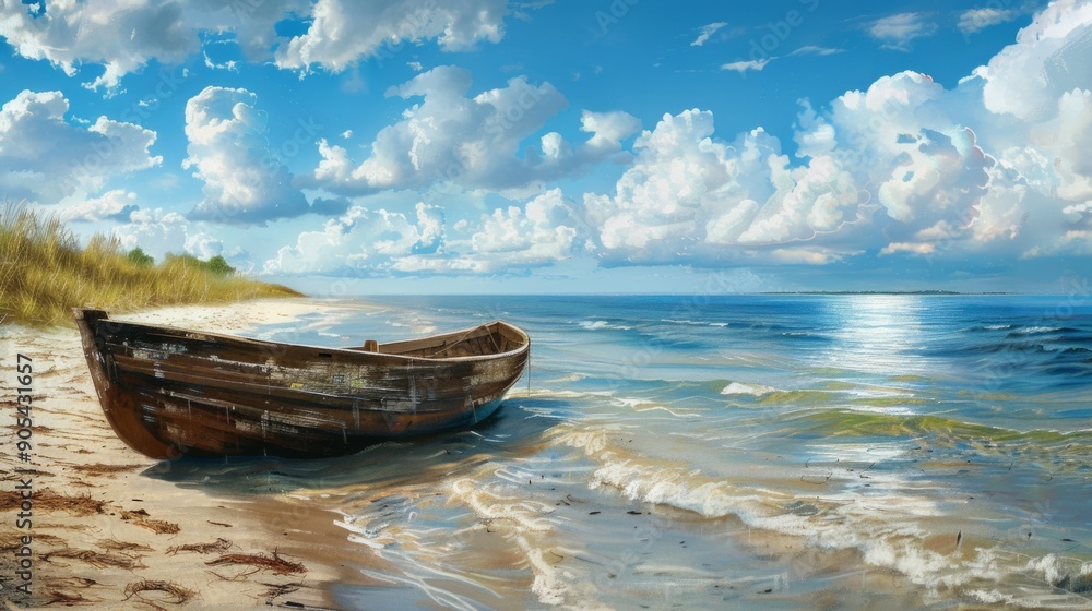 Beach with a small wooden boat anchored on the shore. generative ai