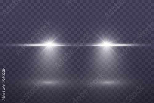 Cars light effect. White glow car headlight bright beams ray isolated on transparent background