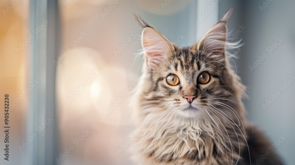 Maine Coon cat playing at home gazing at the camera against a blurred background Maine Coon cat playing at home gazing at the camera against a blurred background